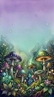 Enchanted forest scene with whimsical mushrooms, glowing flora, and magical sparkles in purple and turquoise gradient sky, perfect for fantasy and children's book illustrations.