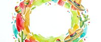 Colorful watercolor Mexican fiesta wreath with sombreros, maracas, cacti and peppers on white background for Cinco de Mayo celebrations and party designs.