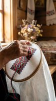 Elderly woman hands embroidering traditional folk pattern on white linen fabric in wooden hoop at rustic home interior with ethnic textiles and flowers.