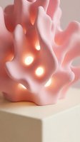 Pink coral-shaped decorative lamp with warm LED lights creating ambient glow on neutral background for modern interior design and home decor concepts.