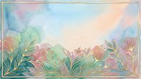 Soft watercolor floral background with golden line art flowers and leaves in pastel pink, teal, and peach tones, framed with a gold border.
