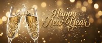 Champagne glasses toasting with golden bokeh lights and Happy New Year text, festive celebration banner for holiday greetings and party invitations.