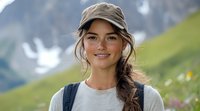 Young Caucasian woman with long brown braided hair wearing baseball cap and backpack smiling outdoors in mountain landscape with wildflowers and snow-capped peaks.