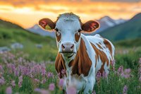 Brown and white dairy cow standing in purple wildflower meadow at golden sunset with mountain landscape background for agricultural and rural themes.