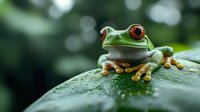 Red-eyed tree frog perched on wet green leaf with water drops, vibrant orange feet and bright eyes against blurred natural background. Macro wildlife photography.