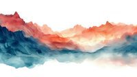 Abstract mountain landscape in coral and teal watercolor style on white background, misty peaks and valleys create dreamy atmospheric scenery for wall art and design.