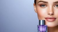 Young woman with natural makeup and glowing skin next to purple glass perfume bottle on soft purple background, beauty and cosmetics advertising concept.