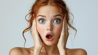 Young redhead woman with bright blue eyes expressing shock and surprise emotion, holding hands on cheeks with open mouth against light background.