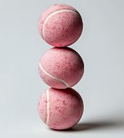 Pink tennis balls stacked vertically on white background, isolated sports equipment for design, clipart, and promotional materials.