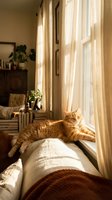Orange tabby cat relaxing on couch by sunny window in cozy living room with warm natural light streaming through sheer curtains creating peaceful atmosphere.