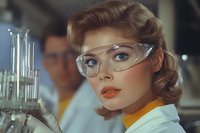 Woman scientist with auburn hair and blue eyes wearing safety glasses and yellow lab coat conducting chemical research in laboratory setting.