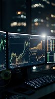 Financial trading charts and graphs displayed on computer monitors in modern office environment with city lights background at night.