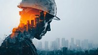 Construction worker silhouette with city skyline double exposure effect showing urban development and building industry professional wearing hard hat.