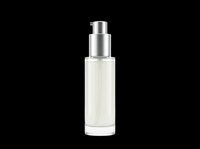 Cosmetic spray bottle with clear liquid and metallic silver pump dispenser, isolated on transparent background. Ready for beauty product packaging, skincare branding, perfume design, and print-on-demand applications.