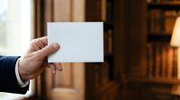 Businessman in dark suit holding blank white business card in office library setting with warm lighting and wooden bookshelves for corporate branding.