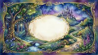 Enchanted fairy tale forest frame with magical castle, crescent moon and starry night sky. Fantasy woodland border with ancient trees and mystical landscape.