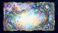 Enchanted fairy tale frame with magical castle, glowing tree, mushrooms, crescent moon, and stars in dreamy watercolor style.
