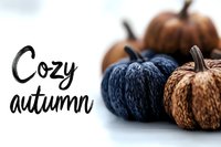 Cozy autumn decorative pumpkins in navy blue and natural tones with handwritten text on white background for seasonal home decor and fall crafting projects.