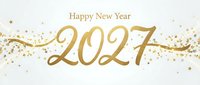 Happy New Year 2027 greeting with gold elegant script text and scattered stars on white background, suitable for holiday cards and celebrations.