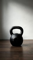 Black kettlebell weight on wooden floor against white wall, used for strength training, fitness workouts, and gym exercises in minimalist studio setting.
