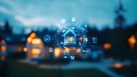 Smart home technology concept with glowing digital icons floating over residential neighborhood at dusk, connected devices and automation symbols in blue tones.