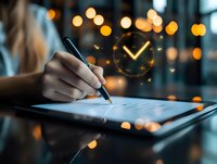Digital signature on tablet with glowing clock hologram and bokeh lights in background. Hand holding stylus pen signing electronic document.