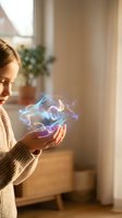 Young Caucasian woman holding glowing colorful energy in her hands indoors, magic light particles swirling above palm in cozy home setting.