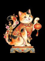 Festive lucky cat in traditional red outfit holding a lantern and cherry blossoms, isolated on transparent background, for stickers, T-shirts, print on demand.