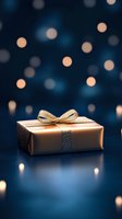 Elegant golden gift box with sparkling ribbon bow against dreamy bokeh lights background for holiday celebrations and special occasions.