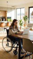 Woman with dark hair and glasses, appearing to be of European descent, using a laptop while seated in a wheelchair at a wooden desk in a bright, modern home office with natural light and plants.