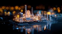 Night view of illuminated industrial refinery plant with storage tanks and processing units reflecting in water, glowing bokeh lights in background.