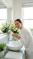 Woman with dark hair, Caucasian ethnicity, wearing white linen shirt, washing hands at modern white vessel sink in bright bathroom with large mirror, fresh flowers and plants.
