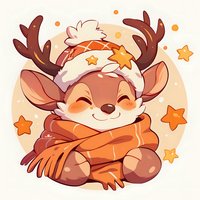 Cute cartoon reindeer wearing winter hat and scarf, smiling with closed eyes surrounded by stars on peach background. Cozy holiday character design.