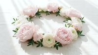 Delicate pink and white peony ranunculus floral wreath with green leaves on soft fabric background for wedding decor bridal shower romantic celebrations.