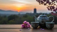 Traditional ceramic tea set with floral pattern and pink flowers on wooden table at sunset with pagoda silhouette in background for relaxation and mindfulness.