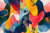 Abstract organic shapes in vibrant colors create dynamic composition with flowing curves and bold contrasts. Artistic background features navy blue, coral red, yellow and turquoise elements.