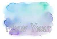 New Year text on soft watercolor wash in blue, purple, and turquoise tones, isolated on white background for greeting cards and seasonal design projects.