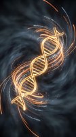 Glowing DNA double helix structure with golden light trails and particles on dark background for science and biotechnology concepts.