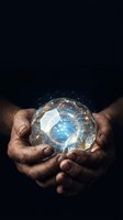 Male hands holding glowing digital sphere with circuit board pattern and network connections, representing technology innovation, artificial intelligence, and future digital transformation for business concepts.