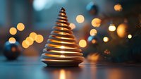 Metallic spiral Christmas tree shape with warm bokeh lights on dark blue background creates festive holiday atmosphere. Modern minimalist seasonal decor.