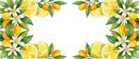 Lemon slices, kumquats, and white blossoms with green leaves frame a white center space, ideal for text overlay and design layouts.
