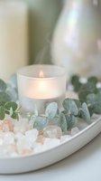 Spa wellness candle with eucalyptus leaves and healing crystals on white tray creating peaceful meditation atmosphere for relaxation and self-care rituals.