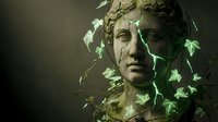 Ancient stone statue face covered with green ivy leaves creating mystical forest guardian appearance for fantasy art projects.