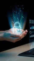 Hand holding glowing digital padlock with blue particles and data streams, representing cybersecurity, data protection, and network safety for technology and business applications.