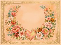 Vintage floral wreath with pink roses, peonies, and a heart on a warm peach watercolor background with golden ornate border frame.