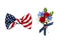 Patriotic bow tie with stars and stripes pattern and coordinating red rose bouquet with blue flowers and star-patterned ribbon, isolated on white background for design projects.