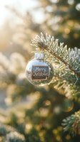 Silver Christmas ornament with Merry Christmas label hanging on frosted pine branch in warm sunlight, festive holiday decoration.