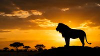 Majestic lion silhouette standing on rocky outcrop against dramatic golden sunset sky with acacia trees on African savanna horizon for wildlife photography.