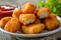 Crispy golden chicken nuggets served on white plate with red dipping sauce and fresh herbs. Close up view of breaded meat pieces on wooden table background.