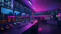 Modern control room with multiple monitors and digital displays illuminated by purple and blue neon lighting, creating futuristic cyberpunk atmosphere for industrial operations.